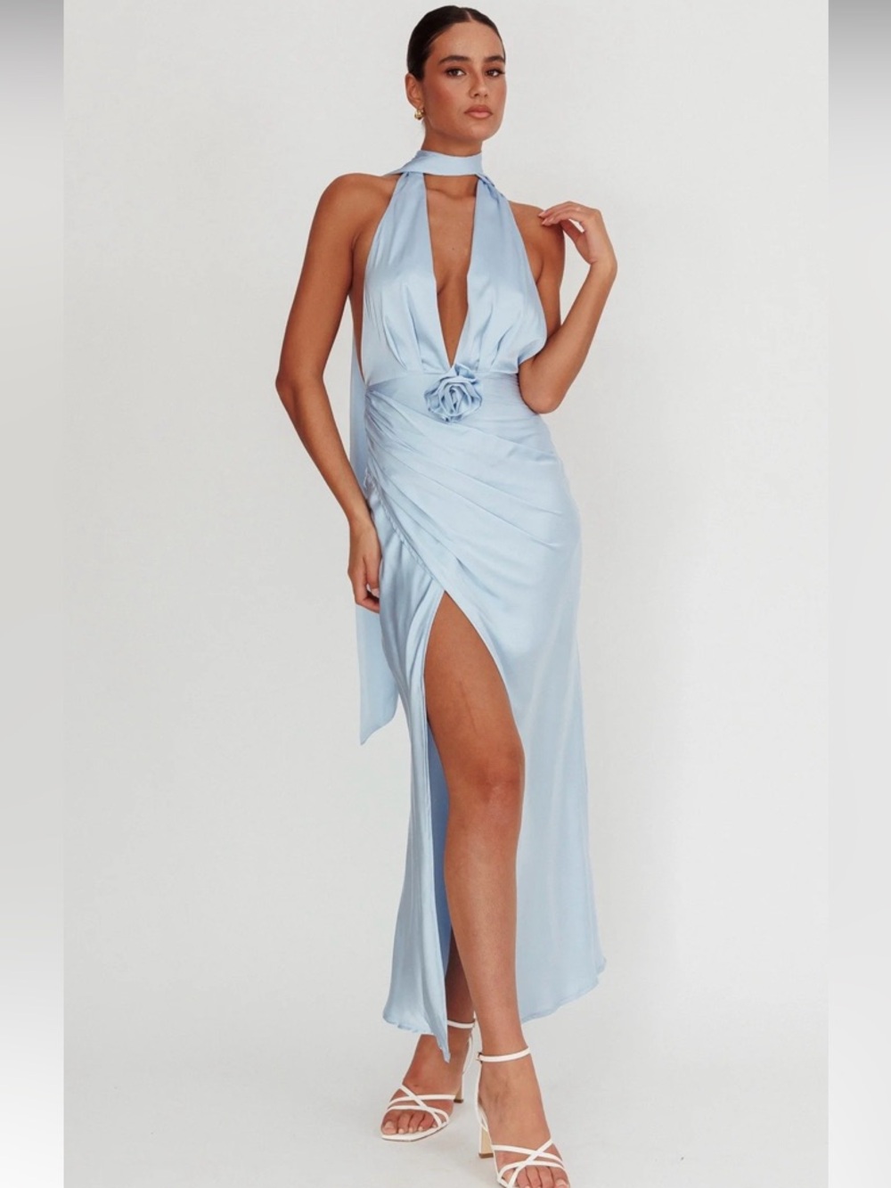 Italia Azure Halterneck Rosette Maxi Dress | Ice Blue